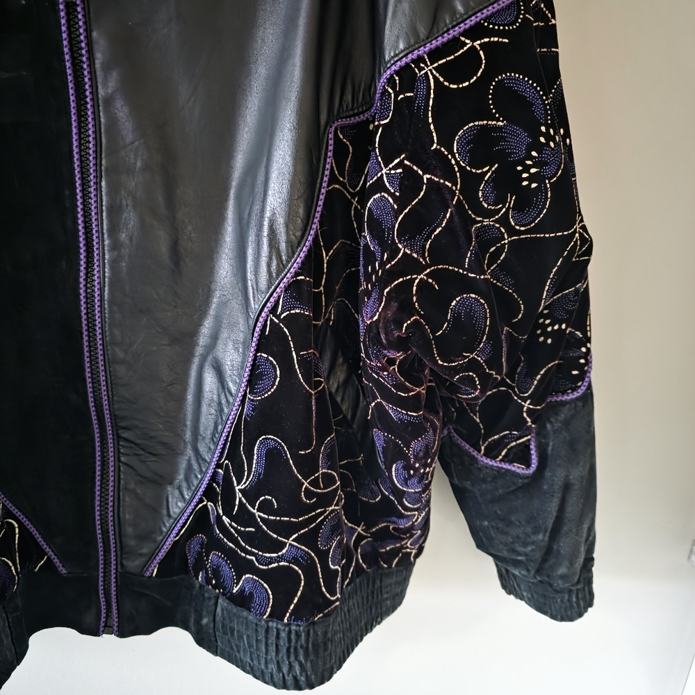 Alia L Vintage 80s 90s Eclectic Retro Leather Suede & Velvet Bomber Jacket - Picture 6 of 16
